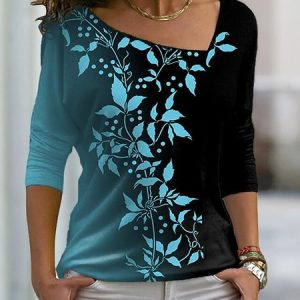 Women Casual Leaf Autumn V neck Daily Loose Jersey Best Sell Regular T-shirt, Blouses, color:Blue|size:XXL, Noracora
