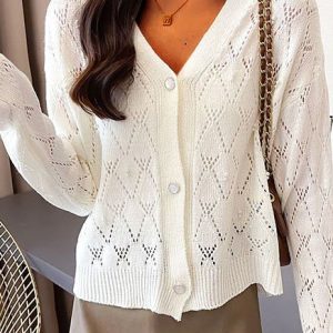 Women Plain Long Sleeve Comfy Casual Buckle Cardigan, Cardigans, color:Off White|size:XL, Noracora
