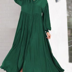 Women Plain Shirt Collar Long Sleeve Comfy Casual Maxi Dress, Maxi, color:darkgreen|size:XL, Noracora