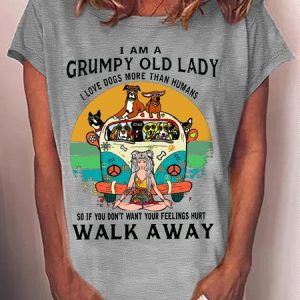 Women's I am a grumpy old lady I love dogs more than humans dog lover Casual T-Shirt, color:Gray|size:3XL, Lilicloth.com