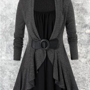 Flounce Solid Cotton-Blend Long Sleeve Dress, Coats, color:Gray|size:XXL, Noracora
