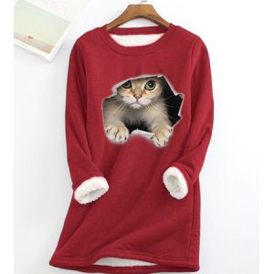 Casual Crew Neck Fluff/Granular fleece fabric Loose H-line Cat Sweatshirt, Sweatshirts & Hoodies, color:Red|size:XXL, JustFashionNow