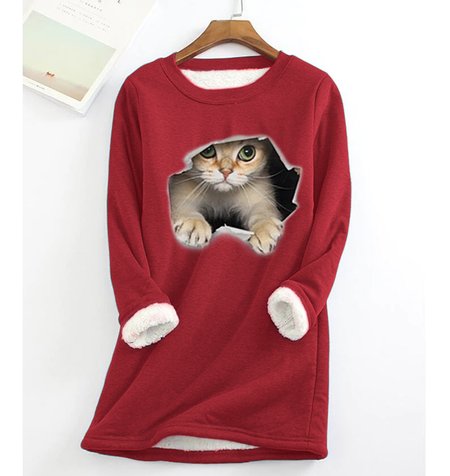Casual Crew Neck Fluff/Granular fleece fabric Loose H-line Cat Sweatshirt, Sweatshirts & Hoodies, color:Red|size:XXL, JustFashionNow