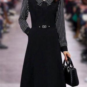 Women Striped V Neck Long Sleeve Comfy Casual Split Joint Midi Dress, Midi, color:Black|size:5XL, Noracora
