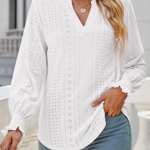 Loose Plain V Neck Casual Top, Shirts & Blouses, color:White|size:XXL, JustFashionNow