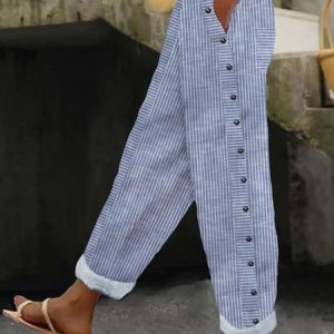 Casual Buckle Striped Pants, Pants, color:Blue|size:XXL, JustFashionNow