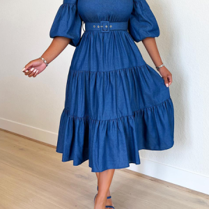 Faux Denim Vacation Crew Neck Dress, Midi Dresses, color:Denim Blue|size:XS, Stylewe