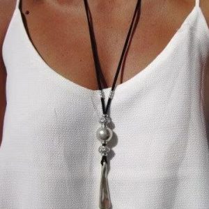 Vintage Silver Metal Beaded Leather Necklace Western Casual Women's Jewelry, Necklaces, color:As Picture|size:One-size, JustFashionNow
