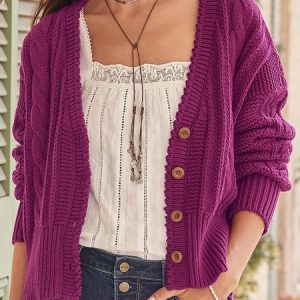 Women Yarn/Wool Yarn Plain Long Sleeve Comfy Boho Cardigan, Cardigans, color:Purple|size:XXL, Noracora