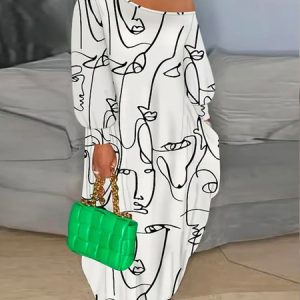 Plus Size Cold Shoulder Loose Urban Abstract Dress, Plus Dresses, color:White|size:4X, Stylewe