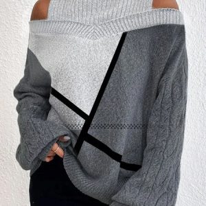 Loose Geometric Turtleneck Cold Shoulder Wool/Knitting Tunic Sweater Knit Jumper, Sweaters, color:Gray|size:XXL, Noracora