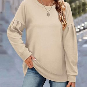 Casual Crew Neck Plain Sweatshirt, Hoodies & Sweatshirts, color:Apricot|size:3XL, Noracora