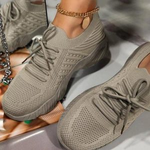 Women's Mesh Platform Solid Color Lace-Up Flyknit Lightweight Soft Sole Slip-On Sneaker, color:Khaki|size:43, Lilicloth.com