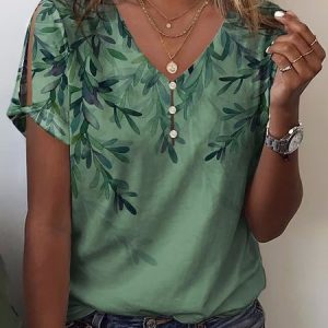 Floral Casual V Neck T-Shirt, T-Shirts, color:Green|size:XXL, JustFashionNow