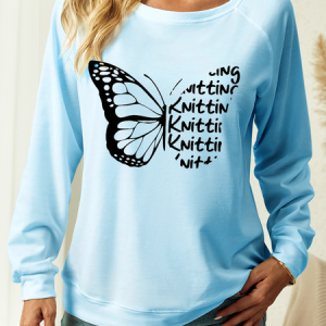 Women's Butterfly Knitting Casual Crew Neck Text Letters Sweatshirt, color:Light Blue|size:3XL, Lilicloth.com
