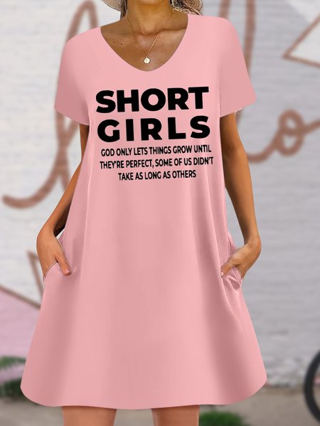 Women's Short Girl Funny Graphic Printing Text Letters Casual V Neck Loose Dress, color:Pink|size:3XL, Lilicloth.com