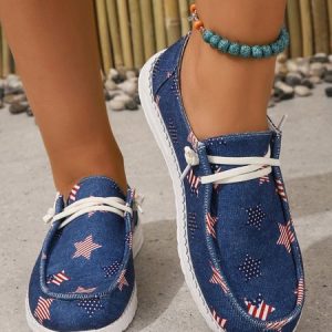 Independence Day Denim Blue Flag Stars Graphic Casual Boat Shoes Flats, Flats, color:Blue|size:43, JustFashionNow