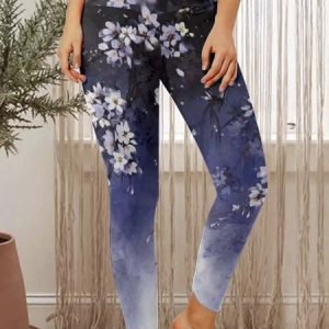 Casual Floral Natural Long Slim Fit Pants, Leggings, color:Blue|size:5XL, Noracora