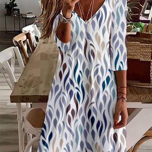 Geometric Casual Autumn V neck Micro-Elasticity Daily Loose Best Sell T-Shirt Dress Dress for Women, Short, color:Multicolor|size:XXL, Noracora