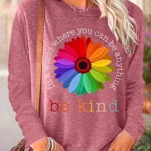 Women's Daisy In A World Where You Can Be Anything Be Kind Vintage Long Sleeve T-shirt, color:Rose Red|size:3XL, Lilicloth.com