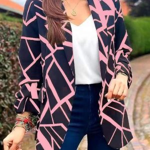 Lapel Collar Long Sleeve Geometric Regular Loose Blazer For Women, Blazers, color:Pink|size:3XL, Noracora