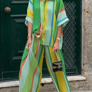 Striped Loose Vacation Fashion Wide leg  Pants, Pants, color:Green|size:XXL, Stylewe