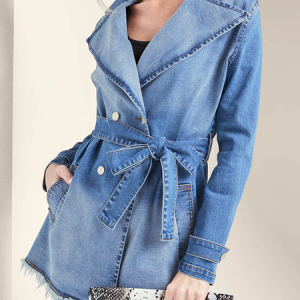 Lapel Collar Long Sleeve Loose Plain Urban Denim Coat, Jackets, color:Denim Blue|size:XXL, Stylewe
