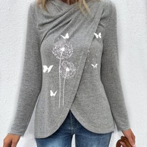 Dandelion Loose Casual Cross Neck T-Shirt, T-Shirts, color:Gray|size:XXL, JustFashionNow