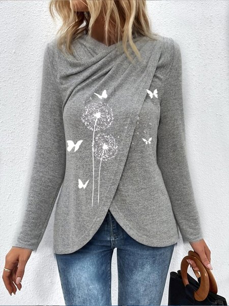 Dandelion Loose Casual Cross Neck T-Shirt, T-Shirts, color:Gray|size:XXL, JustFashionNow