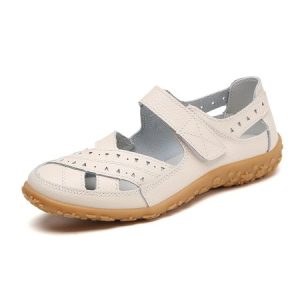 Hollow Breathable Leather Soft Retro Casual Velcro Mary Jane Flats, Flats, color:Beige|size:44, JustFashionNow