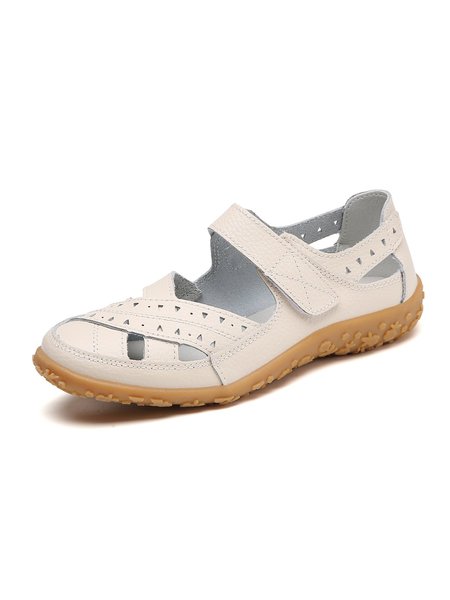 Hollow Breathable Leather Soft Retro Casual Velcro Mary Jane Flats, Flats, color:Beige|size:44, JustFashionNow