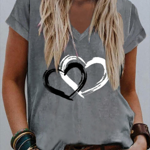 V neck Casual Heart/Cordate Short sleeve T-Shirt, T-shirts, color:Gray|size:XXL, Noracora