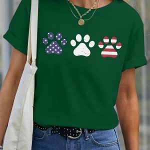 Women's Dog Paw 4th of July Dog lover Crew Neck Casual T-Shirt, color:Green|size:3XL, Lilicloth.com