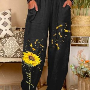 Cotton Floral Vacation Sunflower Art Print Lounge Pants, Pants, color:Black|size:XXL, JustFashionNow