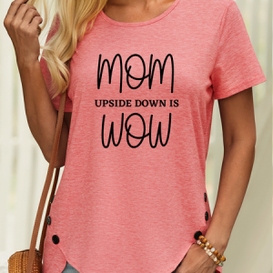 Lilicloth X Kat8lyst Mom Upside Down Is Wow Women’s Text Letters Cotton Casual T-Shirt, color:Pink|size:3XL, Lilicloth.com