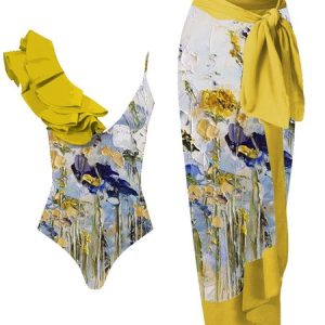 Stylewe Vacation Abstract Printing One Piece With Cover Up, Swimsuit with Coverups, color:Yellow|size:XXL, Stylewe