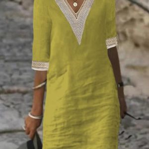 Women Casual Plain High Waist Micro-Elasticity Daily Cotton Lace Stitching Shift Dress, Short, color:Yellow|size:XS, catalog Noracora shop