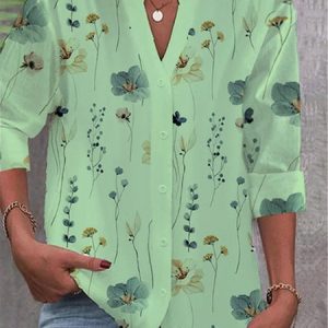 V Neck Long Sleeve Floral Buttoned Lightweight Micro-Elasticity Loose Blouse For Women 2023, Shirts, color:Green|size:XXL, catalog Noracora shop