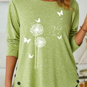 Women's Dandelion Butterfly Print Crew Neck Casual Shirt, color:Green|size:3XL, Lilicloth.com