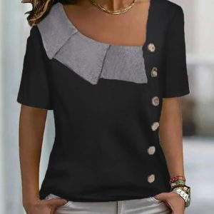 Plus Size Casual Asymmetrical Neck Loose Jersey Short Sleeve T-Shirt, TOPS, color:Black|size:4X, Noracora