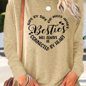 Women's Side by Side or Miles Apart Friends Besties Casual Crew Neck Shirt, color:Khaki|size:3XL, Lilicloth.com