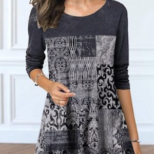 Crew Neck Loose Casual Ethnic Shirt, Blouses, color:Blue|size:5XL, Noracora