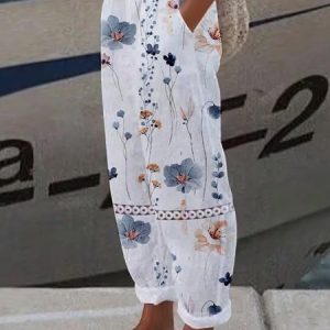 Plus Size Casual Lace Loose Floral Pants, BOTTOM, color:White|size:4X, Noracora