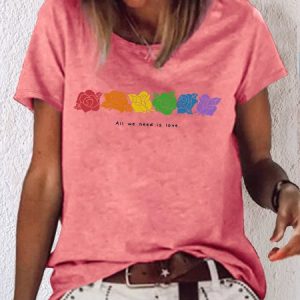 Women's All We Need Is Love Flower Print Casual T-Shirt, color:Pink|size:3XL, Lilicloth.com