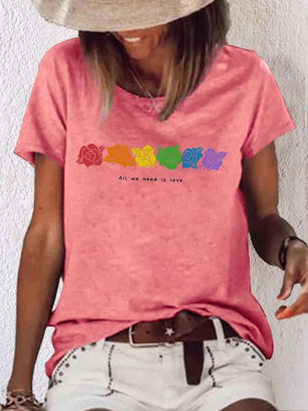 Women's All We Need Is Love Flower Print Casual T-Shirt, color:Pink|size:3XL, Lilicloth.com