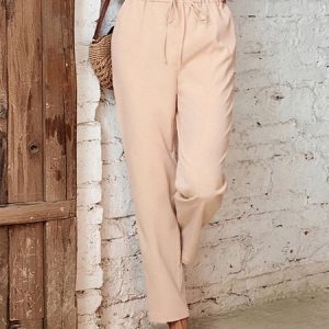 Casual Loose Plain Drawstring Pants, Pants, color:Khaki|size:XXL, JustFashionNow