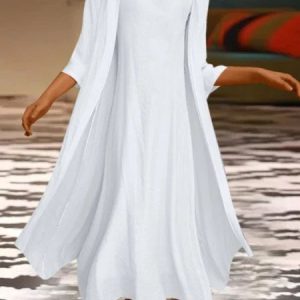 3/4 Sleeve Crew Neck Dress Two-piece suit, Sets, color:White|size:XXL, Noracora