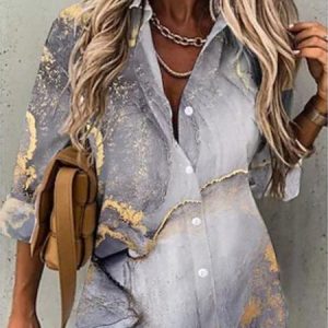 Casual Shawl Collar Abstract Long sleeve Loose Tunic Shirt, Shirts, color:Multicolor|size:XXL, Noracora