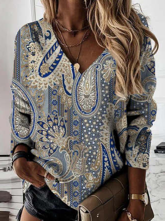Paisley Loose V Neck Sweatshirt, Sweatshirts & Hoodies, color:Multicolor|size:XXL, JustFashionNow