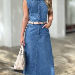 Plain Regular Fit Denim Casual Denim Dress, Midi Dresses, color:Blue|size:XXL, Stylewe